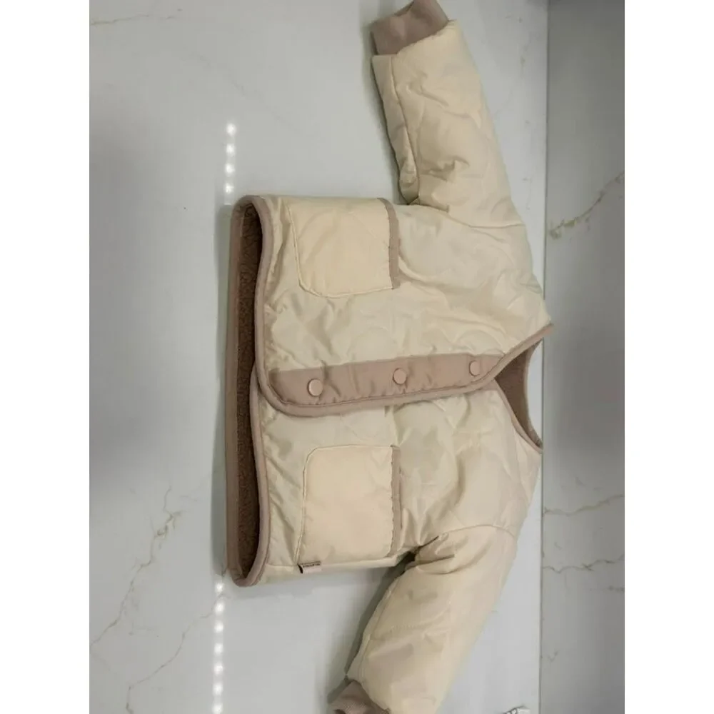Kids Reversible Sherpa Quilted Neutral Brown Cream Snap Jacket